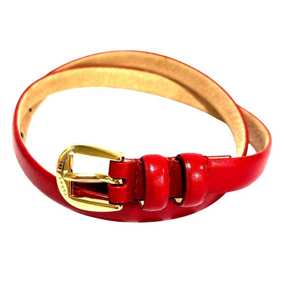 Perry Ellis red leather ladies skinny belt 80’s Large gold buckle double return - Picture 1 of 7